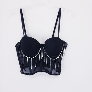 Black Silver Rhinestones Corset Bustier Harness Size Large Body Rage Diamond